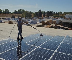 a man professionally cleans solar panels
